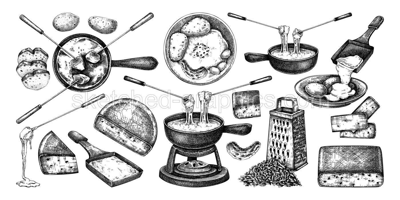Cheese fondue sketches set. Hand-drawn food illustrations. Dairy products, melted cheese, fondue pots vector drawings. NOT AI generated Illustration